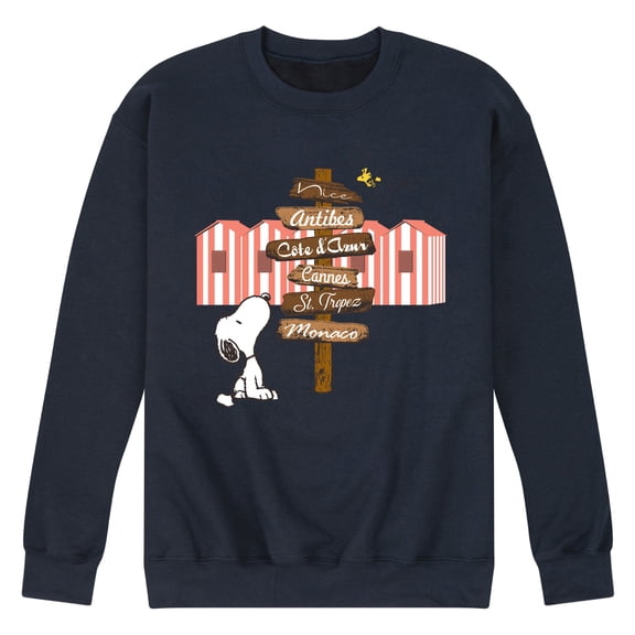 Peanuts - Summer Edition - Snoopy Looking for a Destination on Sign - Men's Crew Neck Fleece Pullover