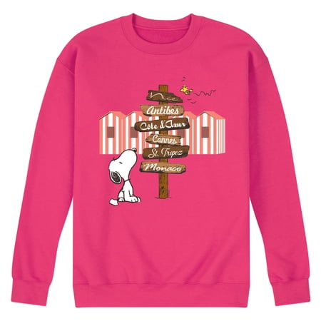 Peanuts - Summer Edition - Snoopy Looking for a Destination on Sign - Men's Crew Neck Fleece Pullover
