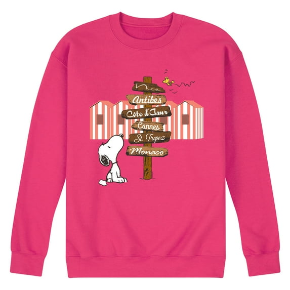 Peanuts - Summer Edition - Snoopy Looking for a Destination on Sign - Men's Crew Neck Fleece Pullover