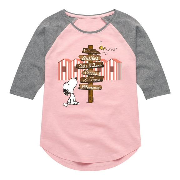 Peanuts - Summer Edition - Snoopy Looking for a Destination on Sign - Toddler & Youth Girls Raglan Graphic T-Shirt