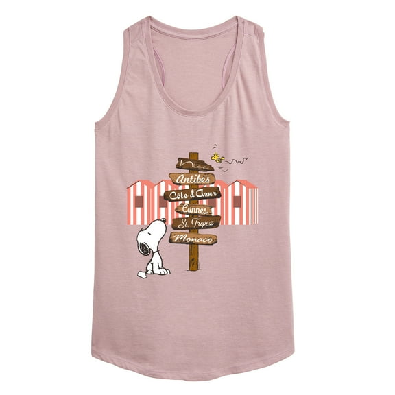 Peanuts - Summer Edition - Snoopy Looking for a Destination on Sign - Women's Racerback Tank Top