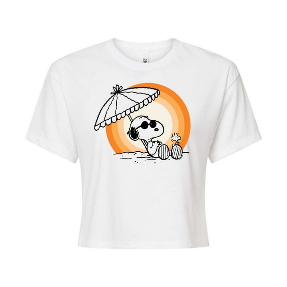 Peanuts - Summer Edition - Snoopy & Woodstock Relaxing - Juniors Cropped Cotton Blend T-Shirt
