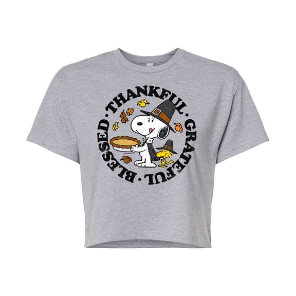 Peanuts - Thankful Grateful Blessed - Juniors Cropped Cotton Blend T-Shirt