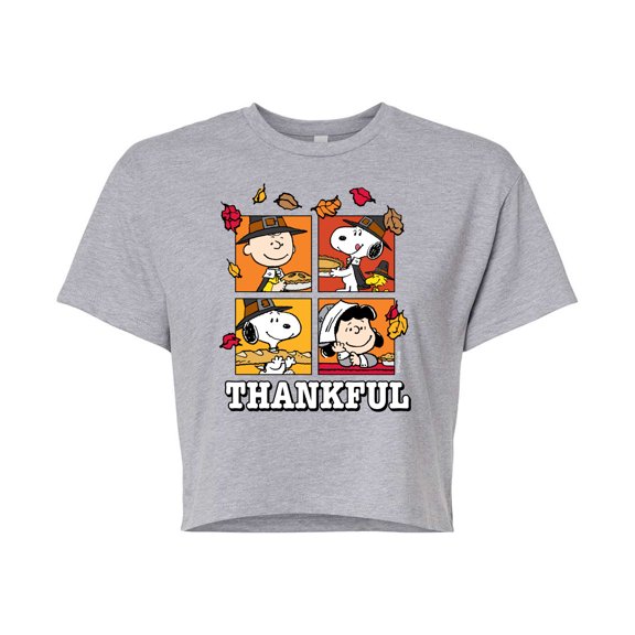 Peanuts - Thankful - Juniors Cropped Cotton Blend T-Shirt