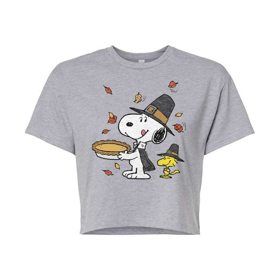 Peanuts - Thanksgiving Scene - Juniors Cropped Cotton Blend T-Shirt