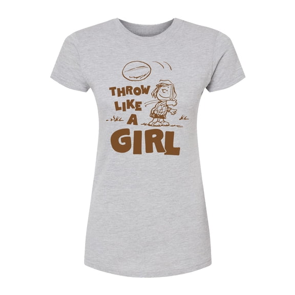 Peanuts - Throw Like A Girl - Juniors Fitted Short Sleeve Graphic T-Shirt