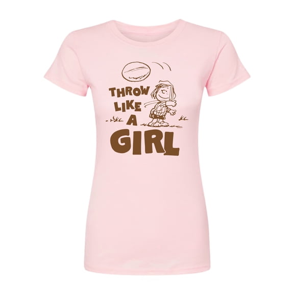 Peanuts - Throw Like A Girl - Juniors Fitted Short Sleeve Graphic T-Shirt