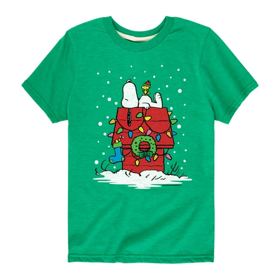 Peanuts - Snoopy and Woodstock Christmas Doghouse Snowing - Toddler And Youth Short Sleeve Graphic T-Shirts