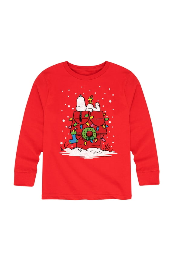 - Snoopy and Woodstock Christmas Doghouse Snowing - Toddler And Youth Long Sleeve Graphic T-Shirts