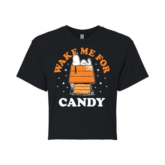 Peanuts - Wake Me For Candy - Juniors Cropped Cotton Blend T-Shirt