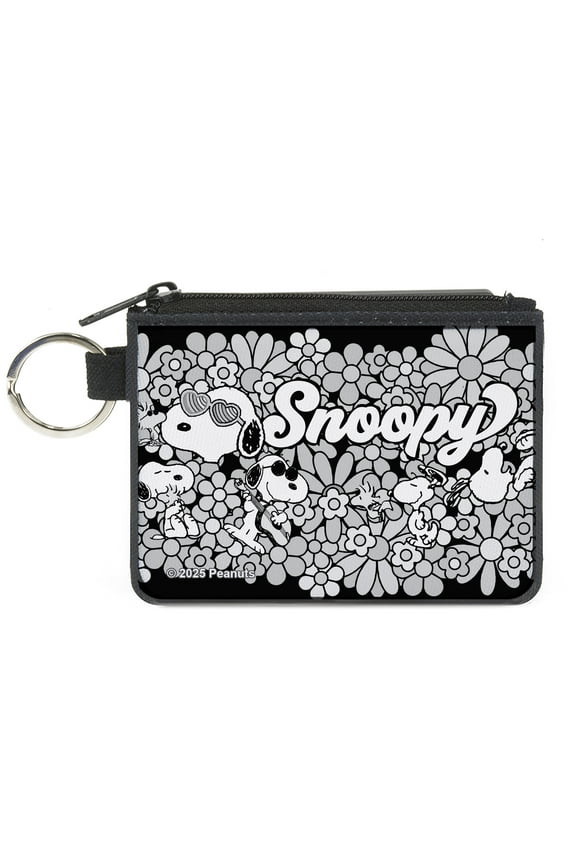 Peanuts Wallet, Coin Purse, Snoopy Poses and Daisy Flowers Collage Black Grays White, Canvas