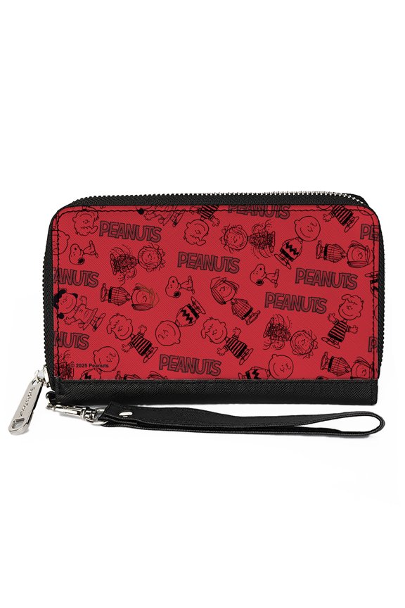 Peanuts Wallet, Zip Around, Peanuts Gang Six Character and Title Logo Collage Red Black, Vegan Leather