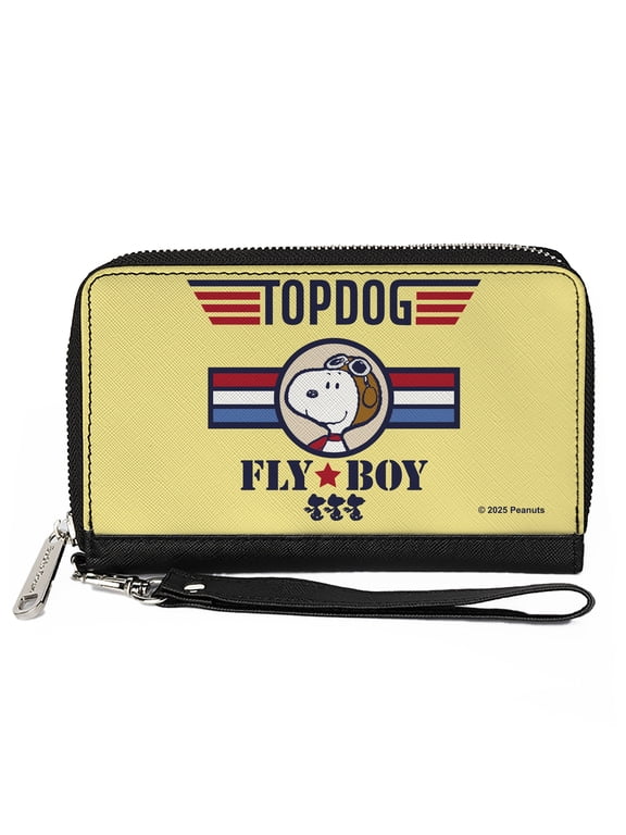 Peanuts Wallet, Zip Around, Peanuts Snoopy Fly Boy Top Dog Flying Ace Yellow Blue Red, Vegan Leather