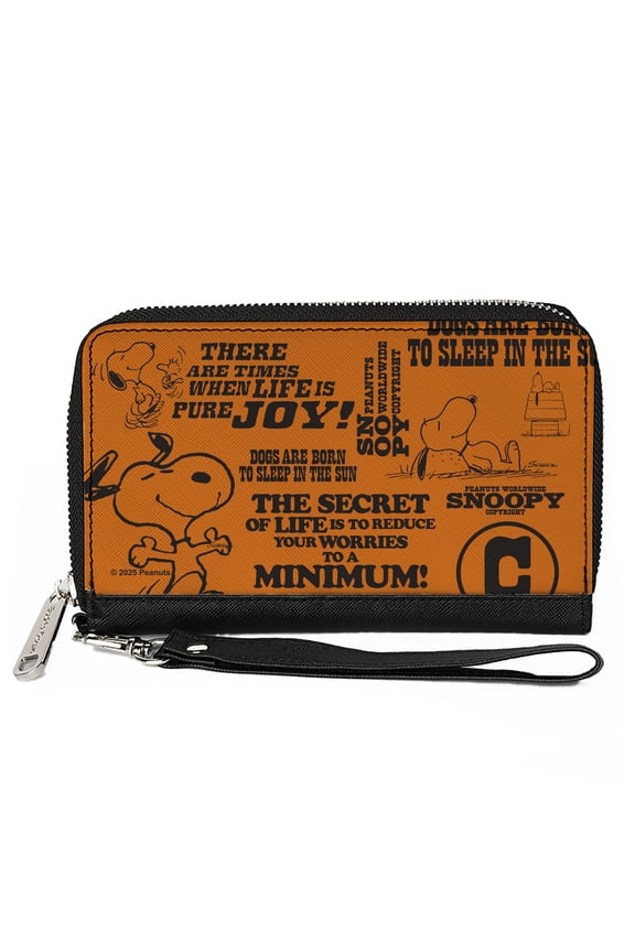 Peanuts Wallet, Zip Around, Snoopy Poses and Quotes Collage Orange Black, Vegan Leather