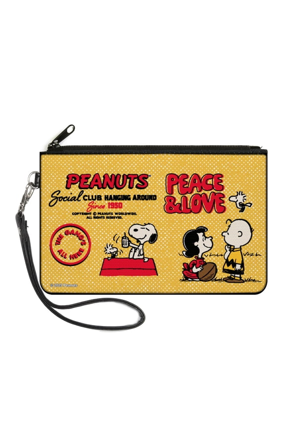 Peanuts Wallet, Zip Clutch, Peanuts Social Club Peace and Love Scenes Yellow Red, Canvas