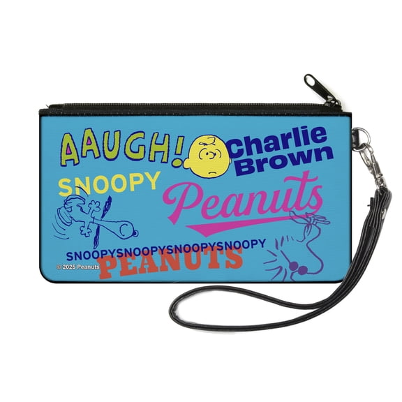 Peanuts Wallet, Zip Pouch, Charlie Brown Snoopy and Woodstock Typography Collage Blue, Canvas