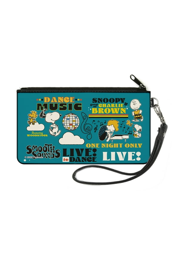 Peanuts Wallet, Zip Pouch, Peanuts Gang Dance Music Poses and Quotes Blue Multi Color, Canvas