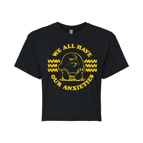 Peanuts - We All Have Our Anxieties - Juniors Cropped Cotton Blend T-Shirt