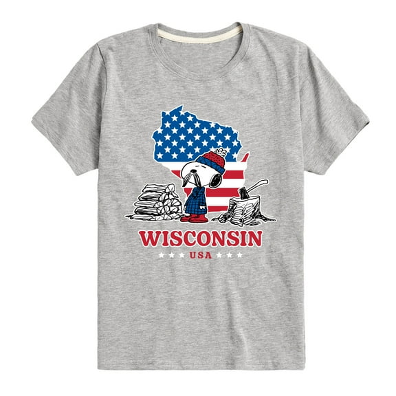 Peanuts - Wisconsin American Flag Snoopy - Toddler And Youth Short Sleeve Graphic T-Shirt