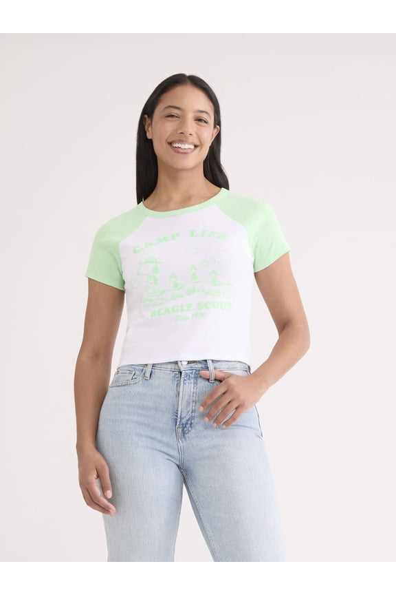 Women’s Camp Snoopy Graphic Baby Tee, Sizes XXS-XXL
