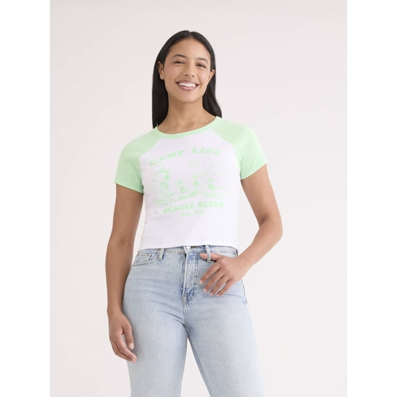 Peanuts Women’s Camp Snoopy Graphic Baby Tee, Sizes XXS-XXL