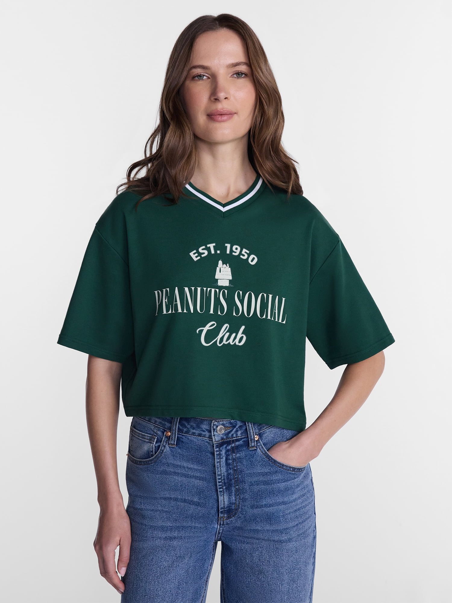 Peanuts Women's Snoopy French Terry Varsity Graphic Tee with Short Sleeves, Sizes XXS-XXL