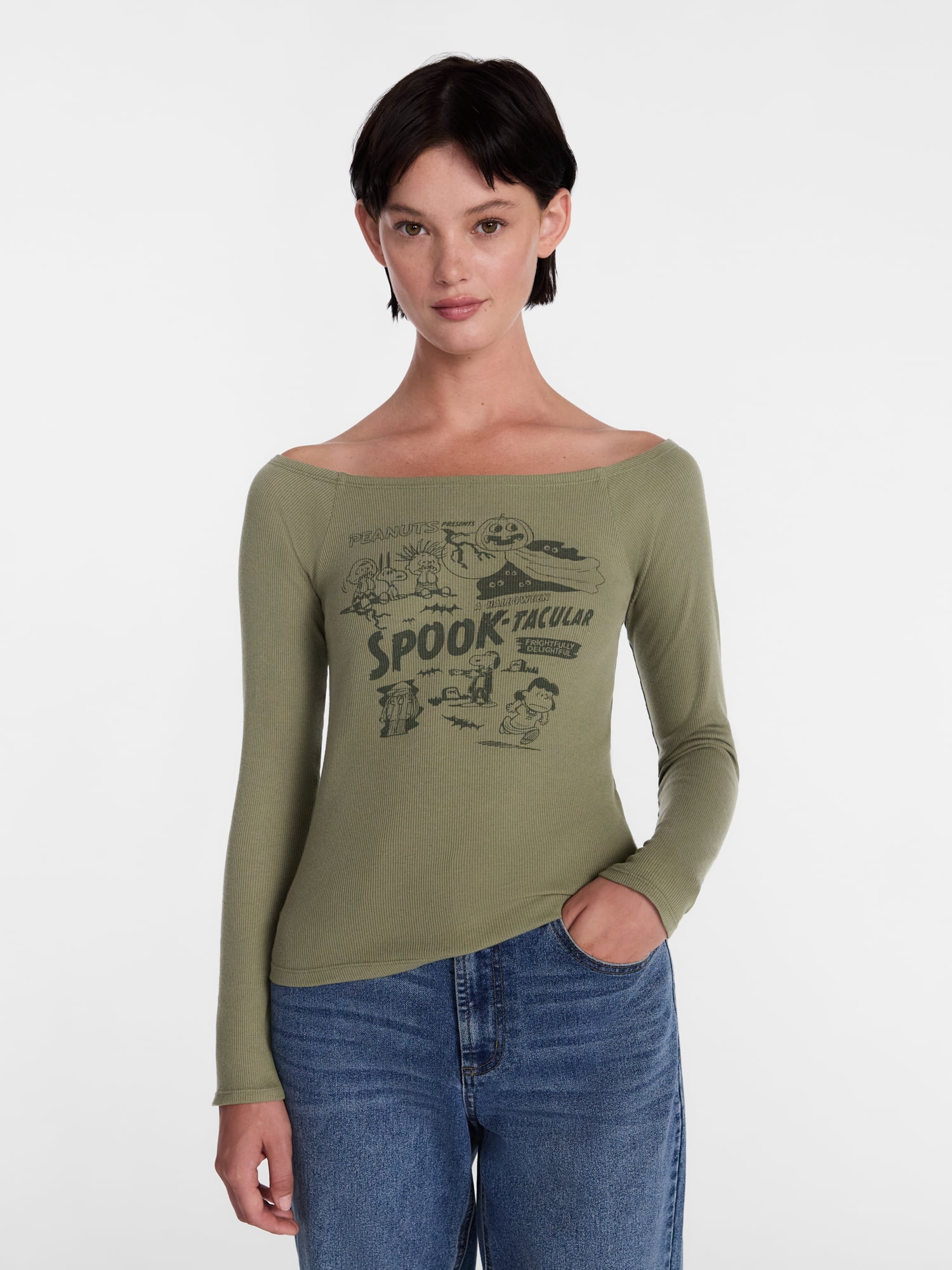 Peanuts Women's Halloween Graphic Tee with Long Sleeves, Sizes XXS-XXL