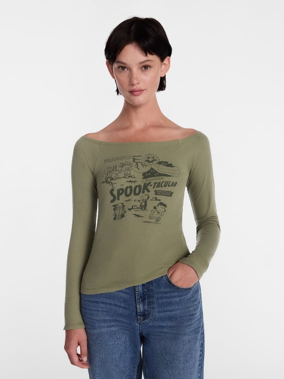 Women's Halloween Graphic Tee with Long Sleeves, Sizes XXS-XXL