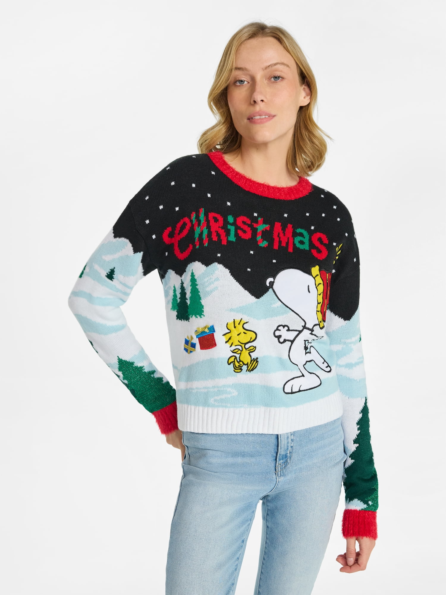 Peanuts Women's Skating Snoopy Embellished Christmas Sweater, Sizes XXS-XXL