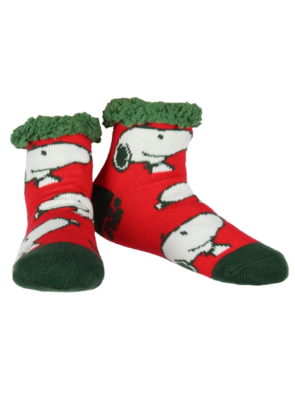 Women's Snoopy AOP Face Knit Faux Shearling Lined Thick Fuzzy Slipper Crew Socks Shoe Size 5-10 Sock Size 9-11