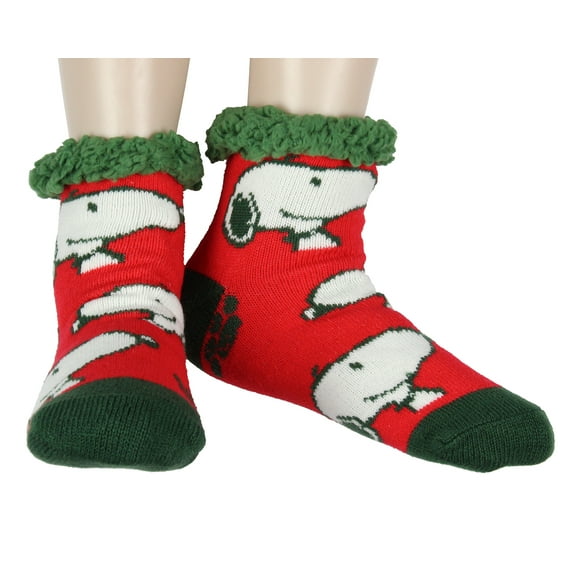 Peanuts Women's Snoopy AOP Face Knit Faux Shearling Lined Thick Fuzzy Slipper Crew Socks Shoe Size 5-10 Sock Size 9-11