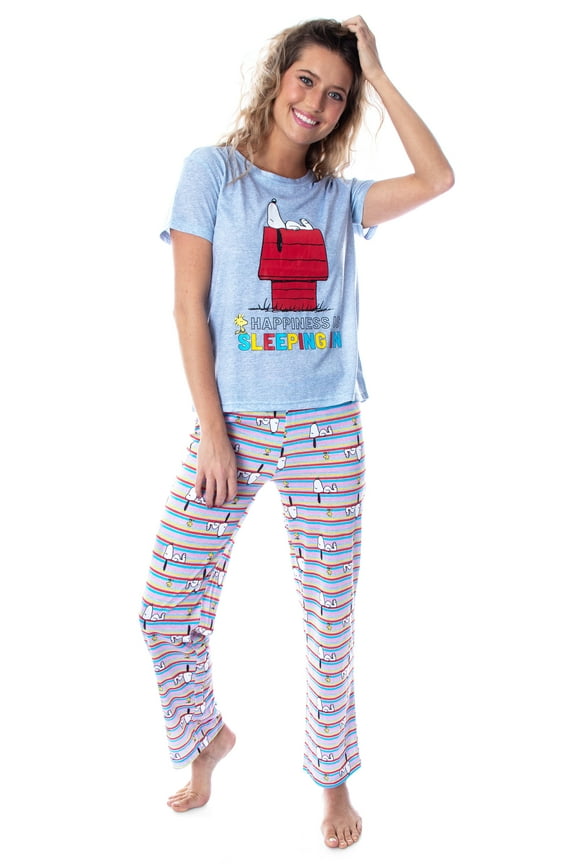 Peanuts Womens' Snoopy Happiness is Sleeping In Short-Sleeve Shirt Pajama Pant 2PC Set Lounge Sleepwear