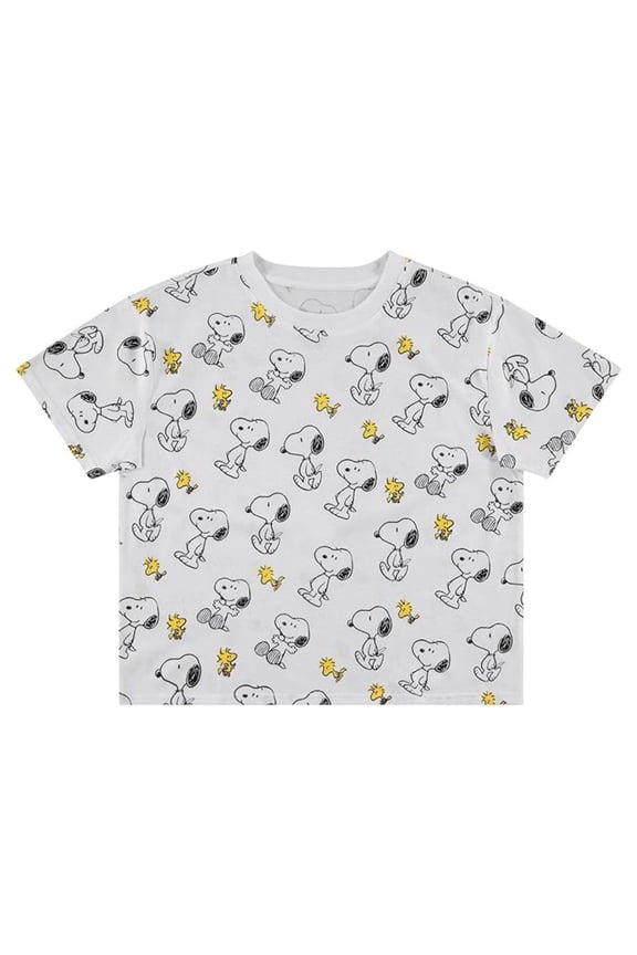 Women's Snoopy Shirt, Printed Allover Classic Cartoon Snoopy Crop Top T-shirt White – M