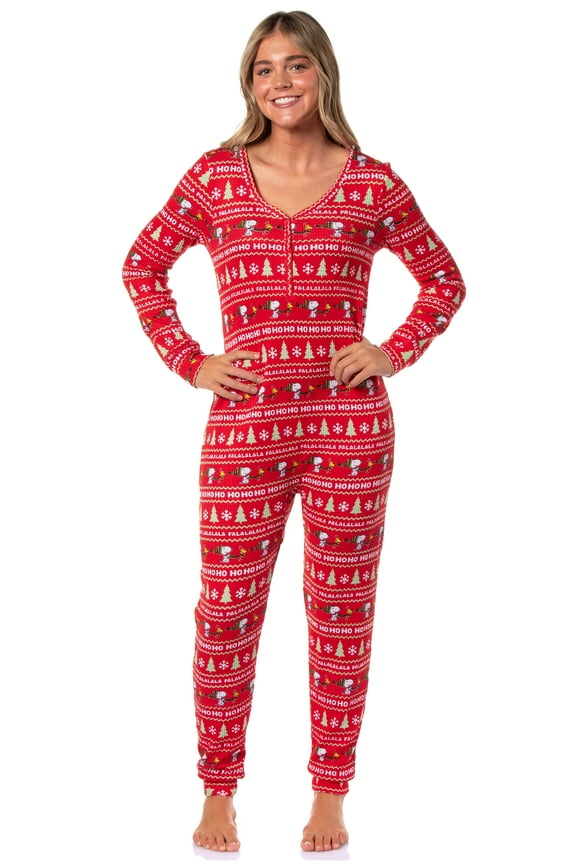 Peanuts Women's Snoopy Ugly Sweater Design Adult One Piece Footless Pajama Loungewear Sleeper Union Suit