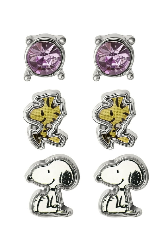 Women's Woodstock and Snoopy Earrings Fashion Earring Set, 3 Pairs, Stud Earrings - Officially Licensed