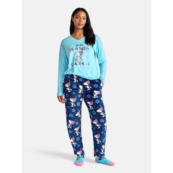 Peanuts Women's and Women’s Plus Top, Pants and Socks Holiday Sleep Gift Set, 3-Piece, Sizes XS-3X