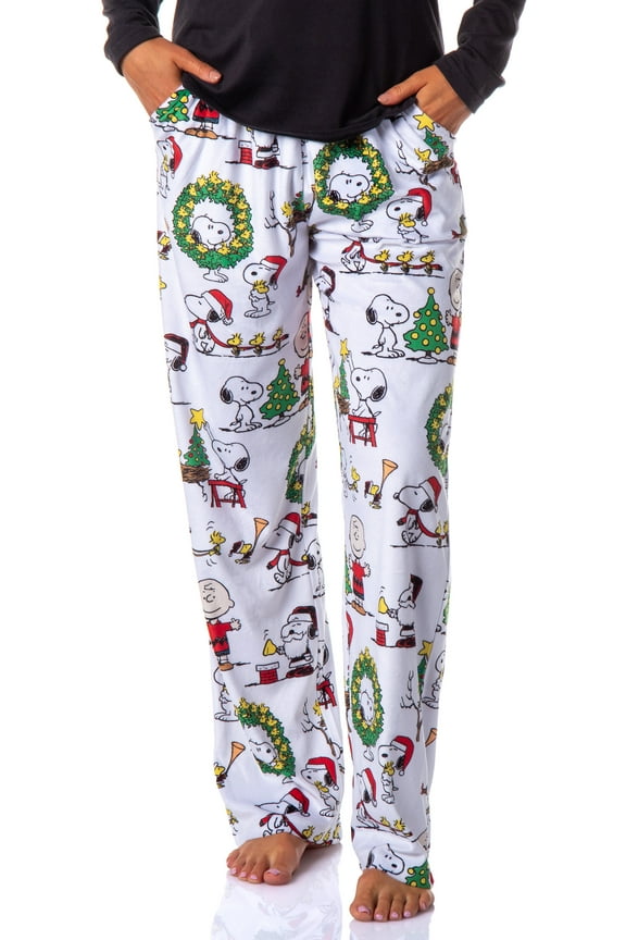 Peanuts Adult Christmas Holiday Charlie Brown Snoopy Santa Woodstock Lounge Sleep Pajama Pants For Men Women