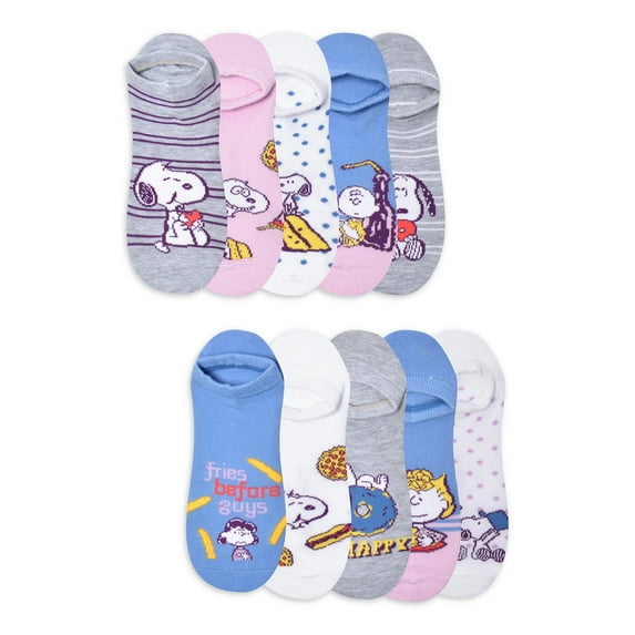 Peanuts Womens Graphic Super No Show Socks, 10-Pack, Sizes 4-10
