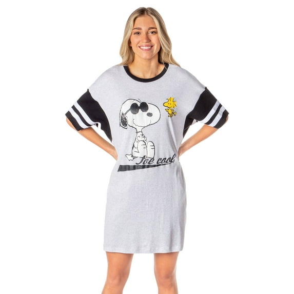 Peanuts Womens' Joe Cool Snoopy Woodstock Athletic Varsity Style Nightgown Pajama Shirt Dress Sleepwear Loungewear