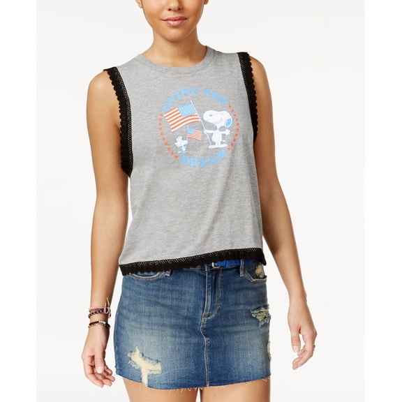 Peanuts Womens Juniors Crochet Trim Graphic Tank Top