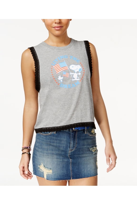 Womens Juniors Crochet Trim Graphic Tank Top