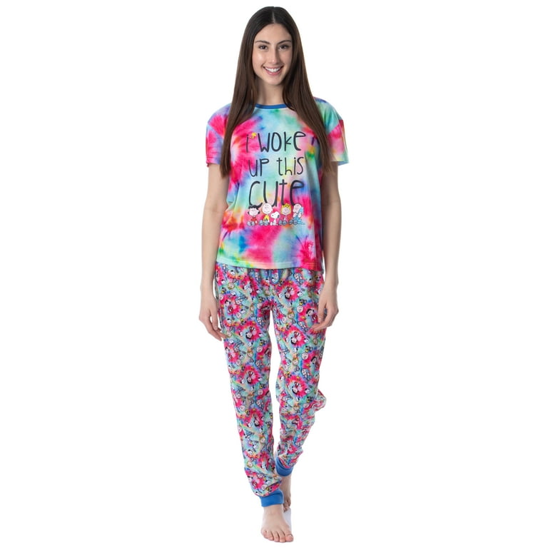 Peanuts Womens Woke Up This Cute Tie Dye Sleep Jogger Pajama Set