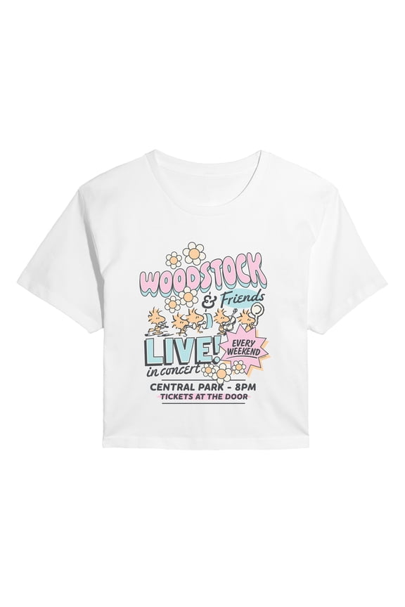 - Woodstock And Friends Band Tee - Juniors Cropped Graphic T-Shirt