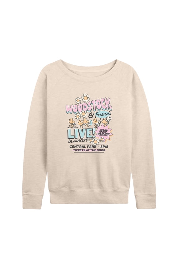 - Woodstock And Friends Band Tee - Women's French Terry Long Sleeve Pullover