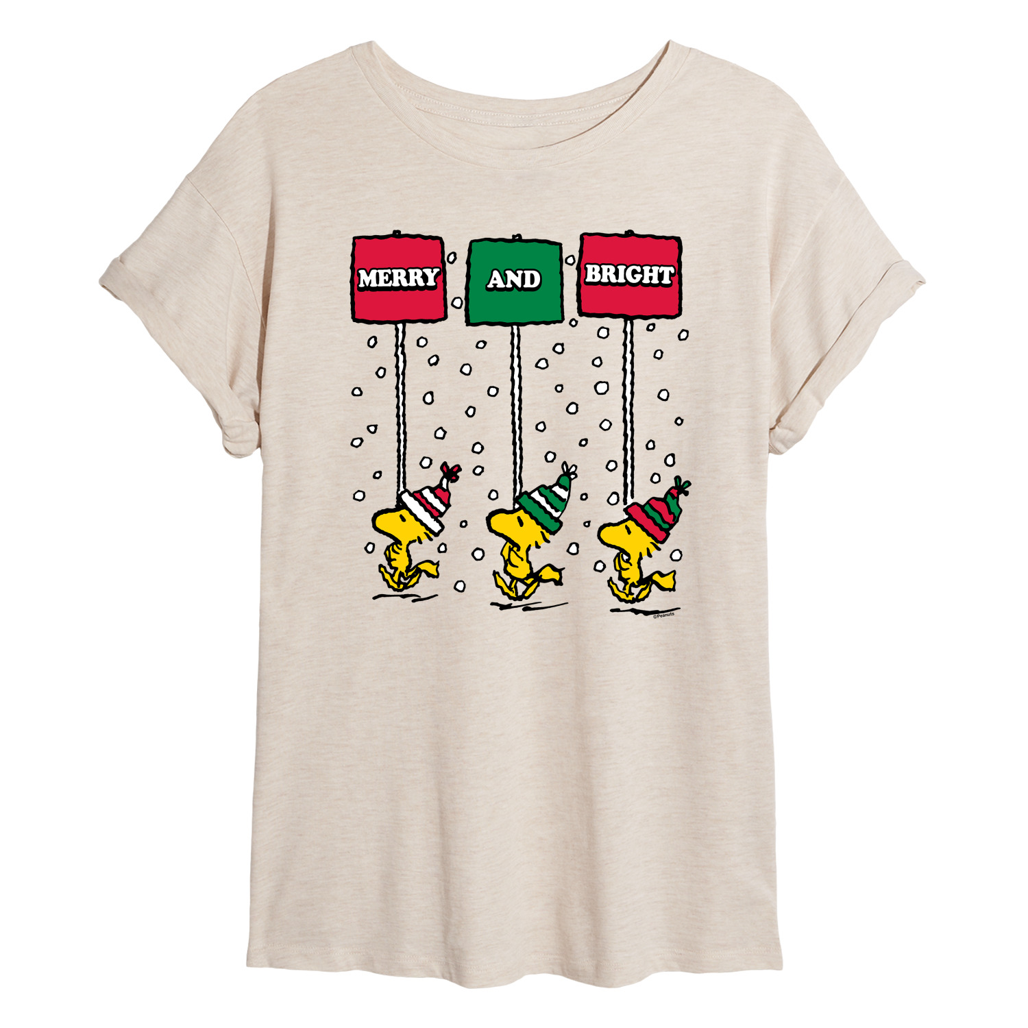 Maglietta Donna Peanuts Snoopy Woodstock "Brighten Your Christmas" - T-shirt Con Manica Corta