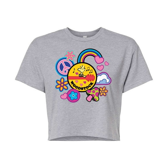 Peanuts - Woodstock Peace And Love Flair - Juniors Cropped Cotton Blend T-Shirt