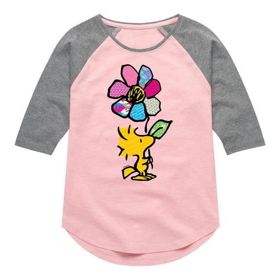 Peanuts - Woodstock With Flower And Pattern - Toddler And Youth Girls Raglan Graphic T-Shirt