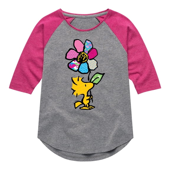 Peanuts - Woodstock With Flower And Pattern - Toddler And Youth Girls Raglan Graphic T-Shirt