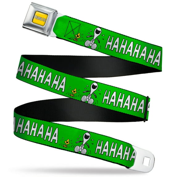 Peanuts Worldwide LLC Belt, Seatbelt Buckle Belt, Peanuts Snoopy and Woodstock Laughing HaHa Pose Green, 34 to 52 Inches