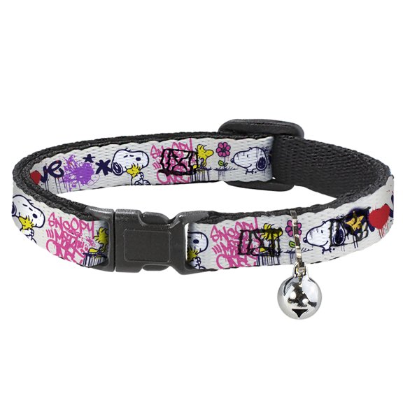 Peanuts Worldwide LLC Cat Collar, Breakaway Collar with Bell, Peanuts Snoopy and Woodstock Graffiti Collage Multi Color, 8.5 to 12 Inches 0.5 Inch Wide